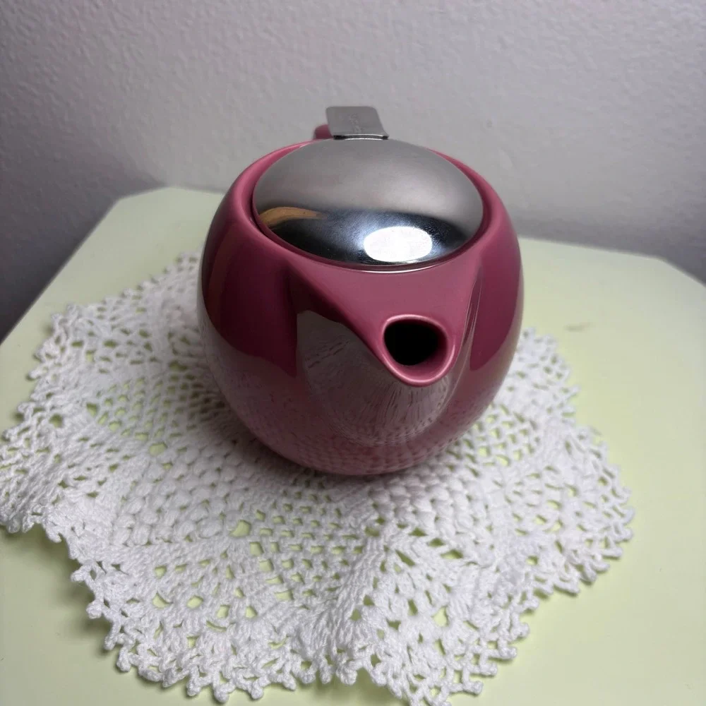 HuesNBrews Pink Personal Teapot Modern Minimalist Ceramic Stainless Steel